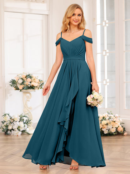 A-Line/Princesa Alças Finas Vestidos Longos de Festa de Casamento com Lado Dividido