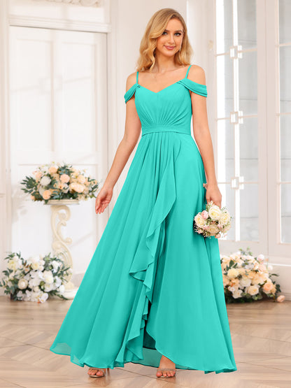 A-Line/Princesa Alças Finas Vestidos Longos de Festa de Casamento com Lado Dividido