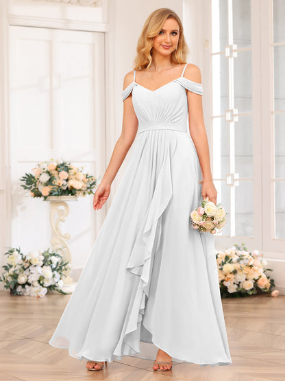 A-Line/Princesa Alças Finas Vestidos Longos de Festa de Casamento com Lado Dividido