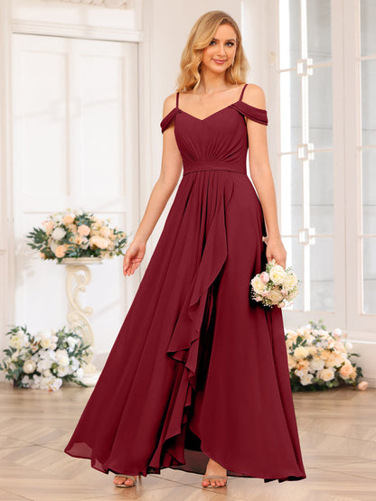 A-Line/Princesa Alças Finas Vestidos Longos de Festa de Casamento com Lado Dividido
