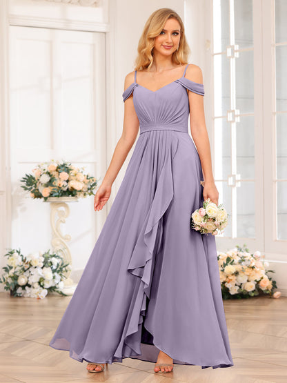 A-Line/Princesa Alças Finas Vestidos Longos de Festa de Casamento com Lado Dividido