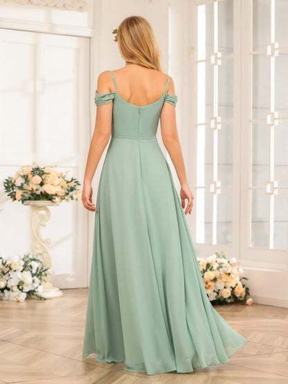 A-Line/Princesa Alças Finas Vestidos Longos de Festa de Casamento com Lado Dividido