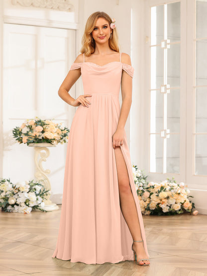 A-Line/Princesa Alças Finas Vestidos Longos de Festa de Casamento com Lado Dividido