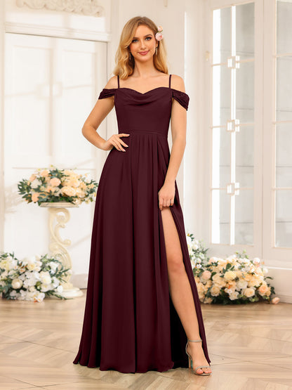 A-Line/Princesa Alças Finas Vestidos Longos de Festa de Casamento com Lado Dividido