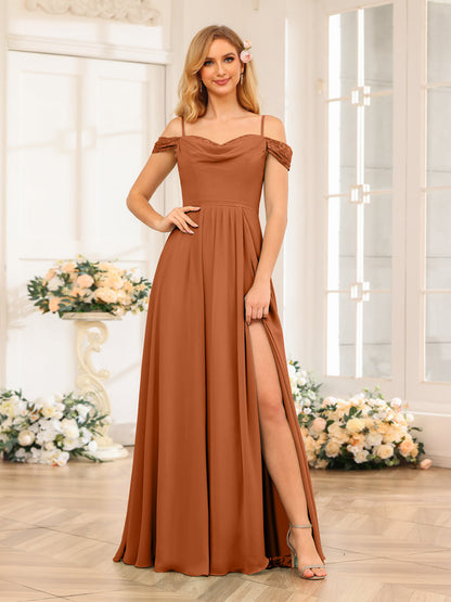A-Line/Princesa Alças Finas Vestidos Longos de Festa de Casamento com Lado Dividido
