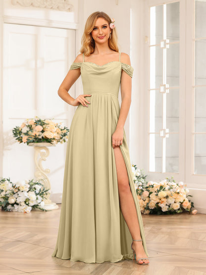 A-Line/Princesa Alças Finas Vestidos Longos de Festa de Casamento com Lado Dividido