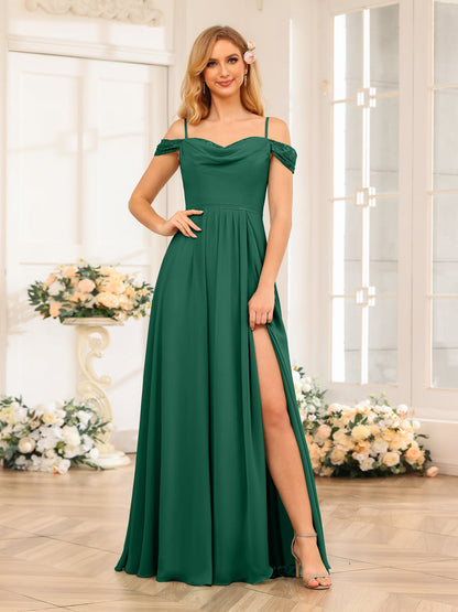A-Line/Princesa Alças Finas Vestidos Longos de Festa de Casamento com Lado Dividido