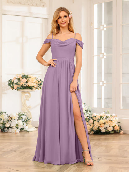 A-Line/Princesa Alças Finas Vestidos Longos de Festa de Casamento com Lado Dividido