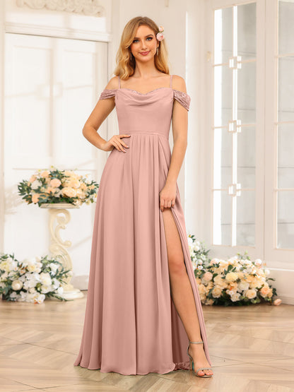 A-Line/Princesa Alças Finas Vestidos Longos de Festa de Casamento com Lado Dividido