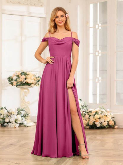 A-Line/Princesa Alças Finas Vestidos Longos de Festa de Casamento com Lado Dividido