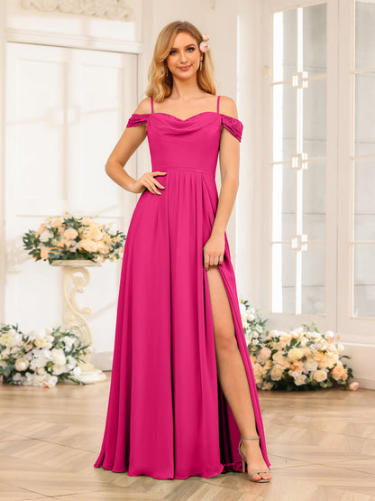 A-Line/Princesa Alças Finas Vestidos Longos de Festa de Casamento com Lado Dividido