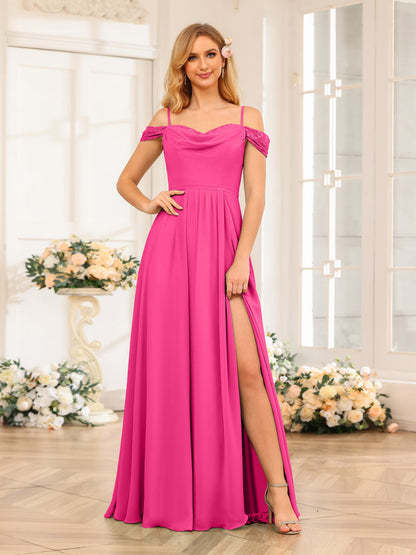 A-Line/Princesa Alças Finas Vestidos Longos de Festa de Casamento com Lado Dividido