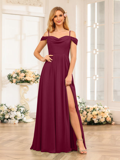 A-Line/Princesa Alças Finas Vestidos Longos de Festa de Casamento com Lado Dividido
