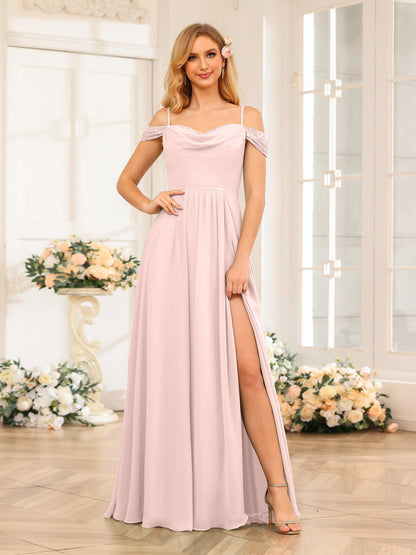 A-Line/Princesa Alças Finas Vestidos Longos de Festa de Casamento com Lado Dividido