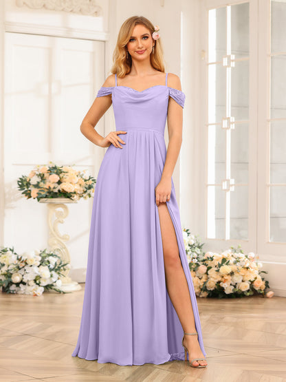 A-Line/Princesa Alças Finas Vestidos Longos de Festa de Casamento com Lado Dividido