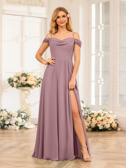 A-Line/Princesa Alças Finas Vestidos Longos de Festa de Casamento com Lado Dividido