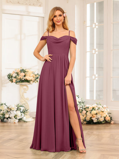 A-Line/Princesa Alças Finas Vestidos Longos de Festa de Casamento com Lado Dividido
