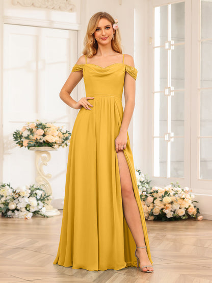 A-Line/Princesa Alças Finas Vestidos Longos de Festa de Casamento com Lado Dividido