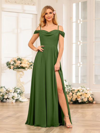 A-Line/Princesa Alças Finas Vestidos Longos de Festa de Casamento com Lado Dividido