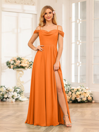 A-Line/Princesa Alças Finas Vestidos Longos de Festa de Casamento com Lado Dividido