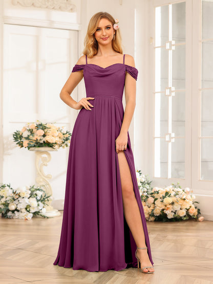 A-Line/Princesa Alças Finas Vestidos Longos de Festa de Casamento com Lado Dividido