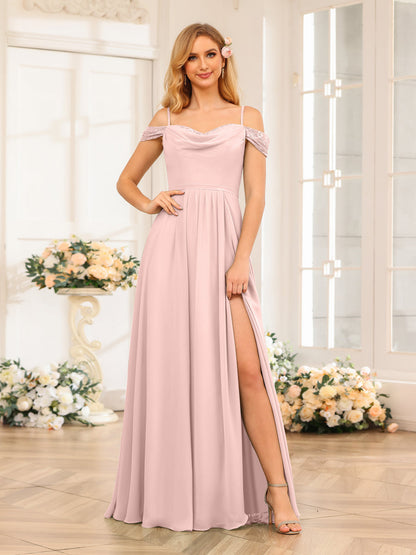 A-Line/Princesa Alças Finas Vestidos Longos de Festa de Casamento com Lado Dividido
