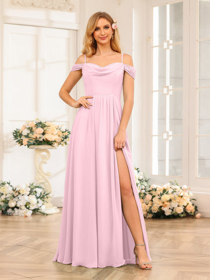 A-Line/Princesa Alças Finas Vestidos Longos de Festa de Casamento com Lado Dividido