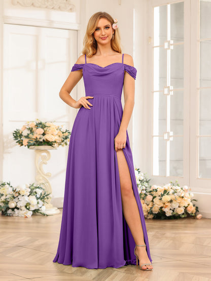 A-Line/Princesa Alças Finas Vestidos Longos de Festa de Casamento com Lado Dividido