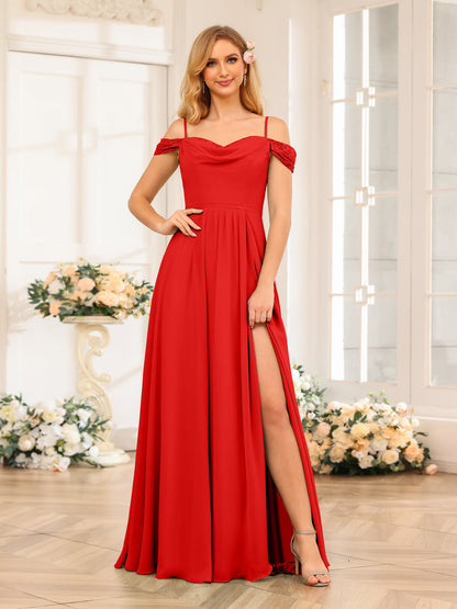 A-Line/Princesa Alças Finas Vestidos Longos de Festa de Casamento com Lado Dividido