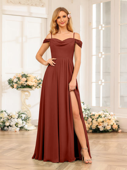 A-Line/Princesa Alças Finas Vestidos Longos de Festa de Casamento com Lado Dividido