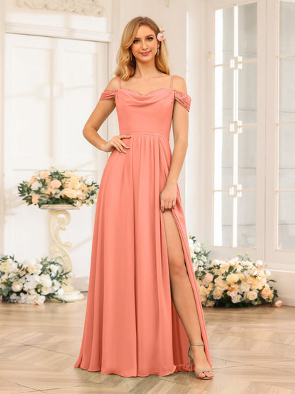 A-Line/Princesa Alças Finas Vestidos Longos de Festa de Casamento com Lado Dividido