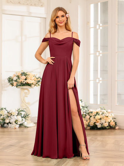 A-Line/Princesa Alças Finas Vestidos Longos de Festa de Casamento com Lado Dividido