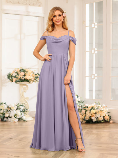 A-Line/Princesa Alças Finas Vestidos Longos de Festa de Casamento com Lado Dividido