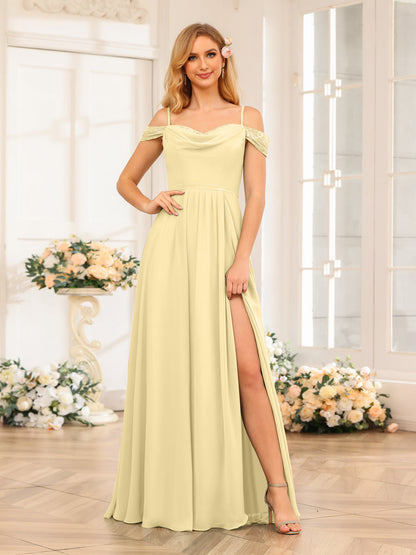 A-Line/Princesa Alças Finas Vestidos Longos de Festa de Casamento com Lado Dividido