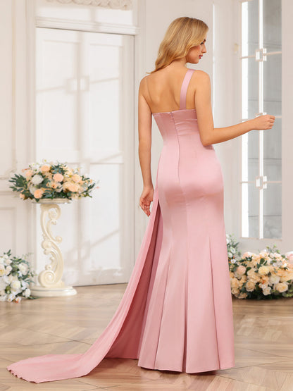 Vestidos Formais Longos de Um Ombro com Bainha/Coluna e Cauda Watteau