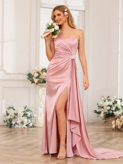 Vestidos Formais Longos de Um Ombro com Bainha/Coluna e Cauda Watteau