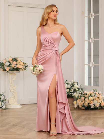 Vestidos Formais Longos de Um Ombro com Bainha/Coluna e Cauda Watteau