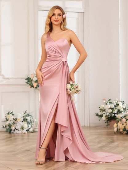 Vestidos Formais Longos de Um Ombro com Bainha/Coluna e Cauda Watteau