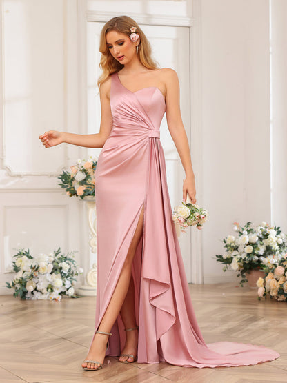 Vestidos Formais Longos de Um Ombro com Bainha/Coluna e Cauda Watteau