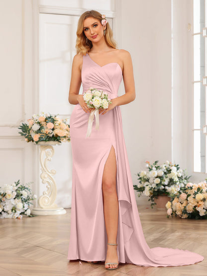 Vestidos Formais Longos de Um Ombro com Bainha/Coluna e Cauda Watteau