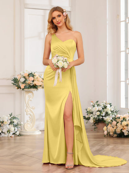Vestidos Formais Longos de Um Ombro com Bainha/Coluna e Cauda Watteau