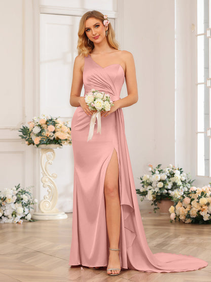 Vestidos Formais Longos de Um Ombro com Bainha/Coluna e Cauda Watteau