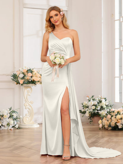 Vestidos Formais Longos de Um Ombro com Bainha/Coluna e Cauda Watteau