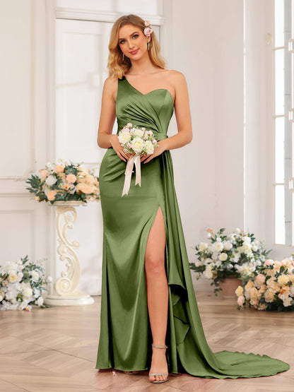 Vestidos Formais Longos de Um Ombro com Bainha/Coluna e Cauda Watteau