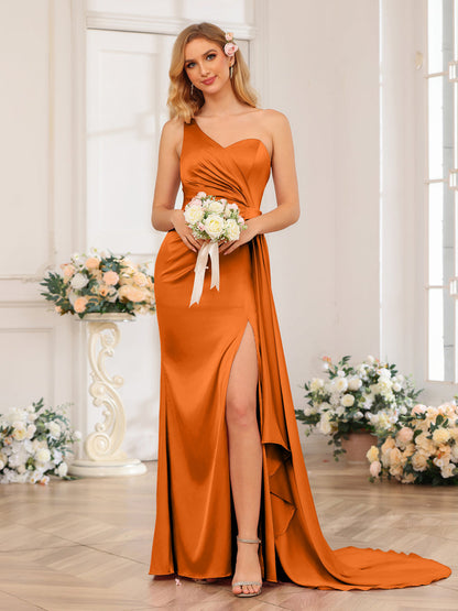 Vestidos Formais Longos de Um Ombro com Bainha/Coluna e Cauda Watteau