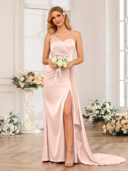 Vestidos Formais Longos de Um Ombro com Bainha/Coluna e Cauda Watteau