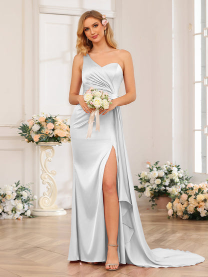 Vestidos Formais Longos de Um Ombro com Bainha/Coluna e Cauda Watteau