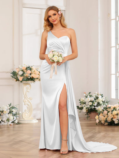 Vestidos Formais Longos de Um Ombro com Bainha/Coluna e Cauda Watteau