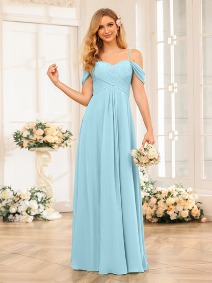 A-Line/Princesa Alças Finas Vestidos Longos de Festa de Casamento com Babados
