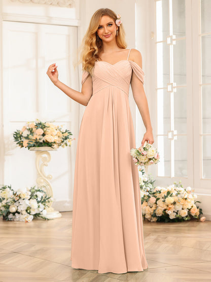A-Line/Princesa Alças Finas Vestidos Longos de Festa de Casamento com Babados